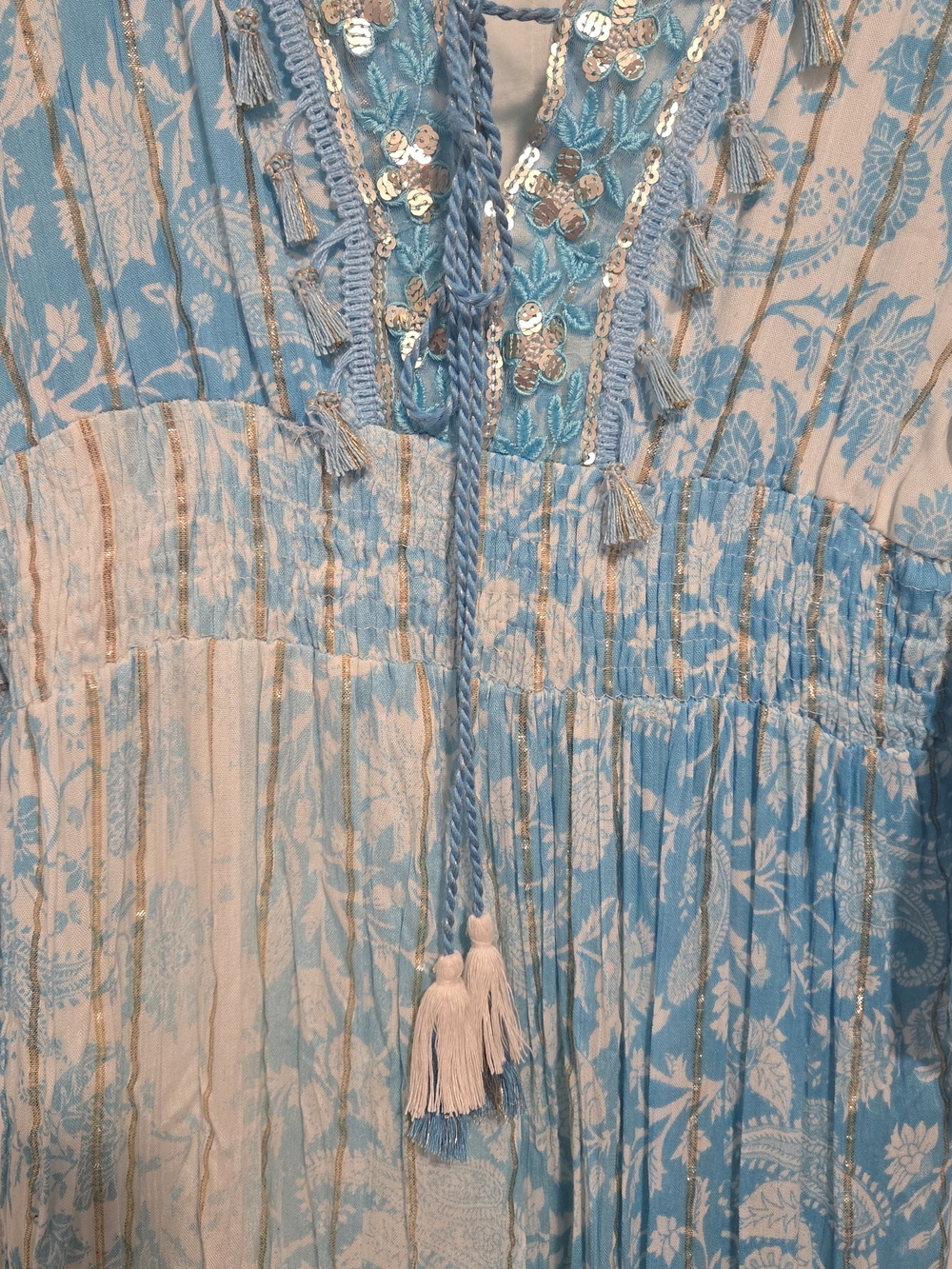 Light Blue Floral Boho Maxi Dress with Sequin Trim - Picture 4 of 10